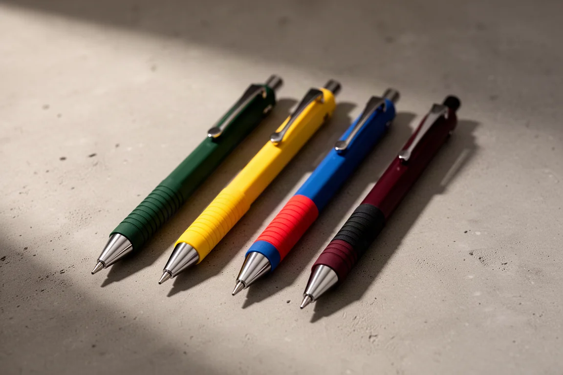 Four retro-colored Pentel mechanical pencils lined up on a concrete surface