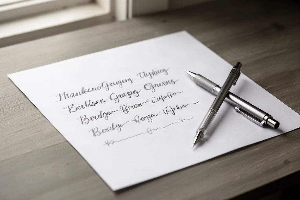 Schrijftesten met potlood op wit papier naast een vulpotlood