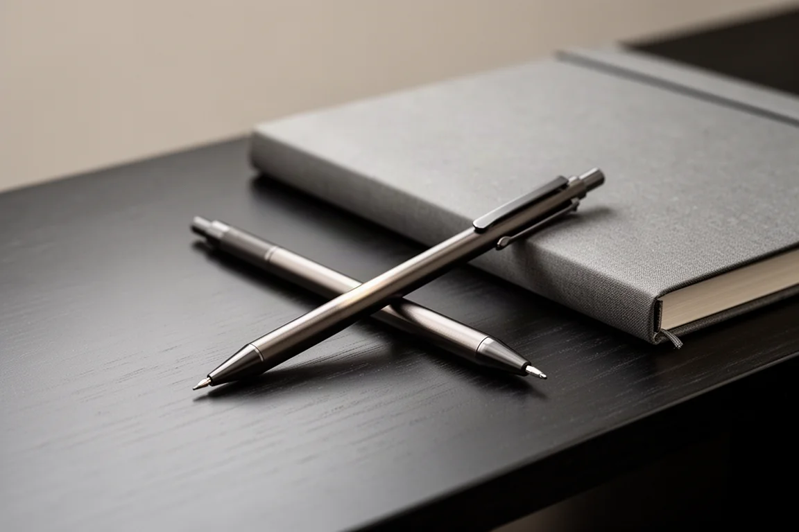Een vulpotlood met metalen barrel liggend op een donker bureau naast een open notitieboek