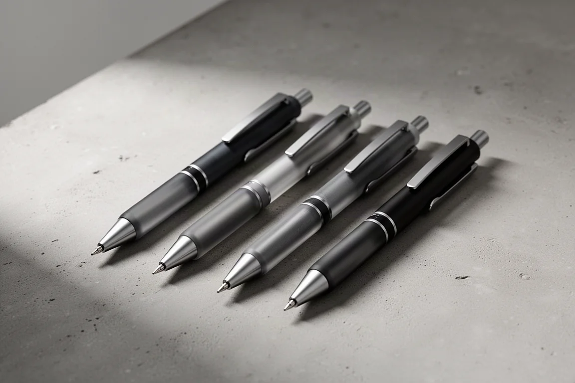 Cztery szare mechaniczne ołówki Pentel w gradacji odcieni ułożone na betonowej powierzchni