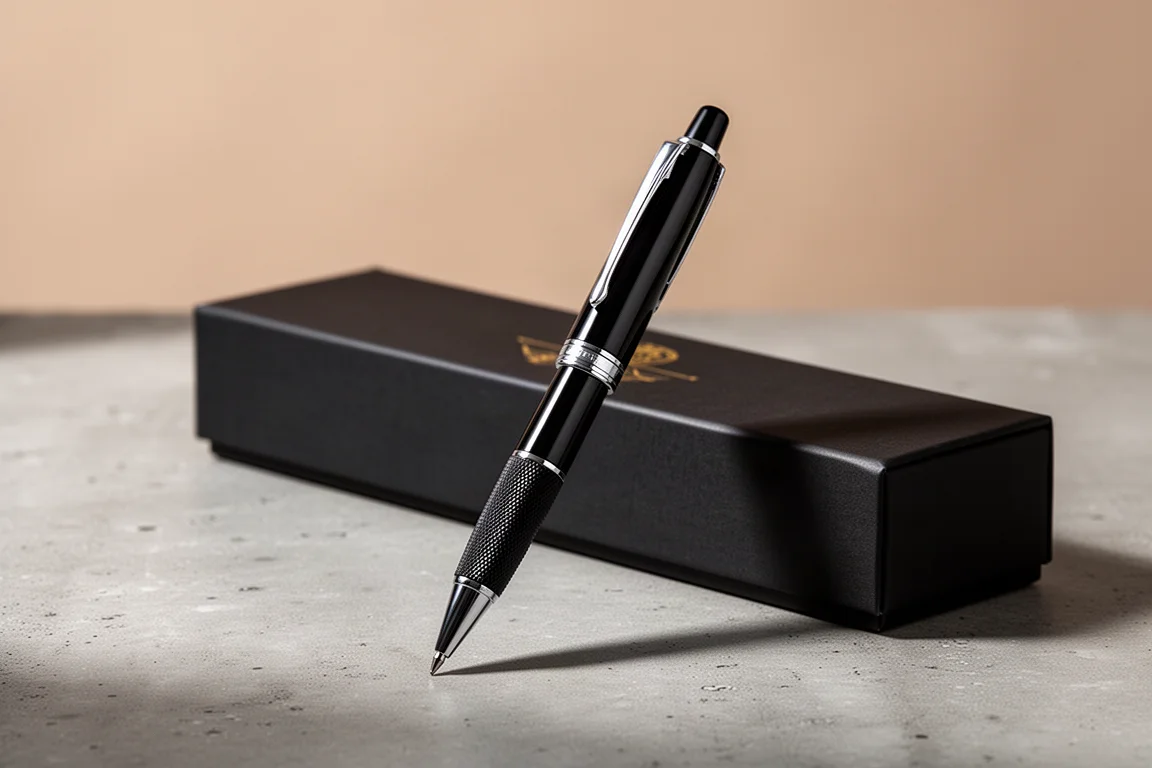 All-black limited-edition mechanical pencil beside a black presentation case on concrete