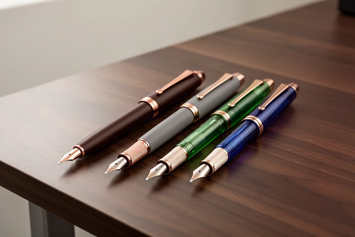 Four limited edition mechanical pencils in grey, brown, green and blue lined up on a desk