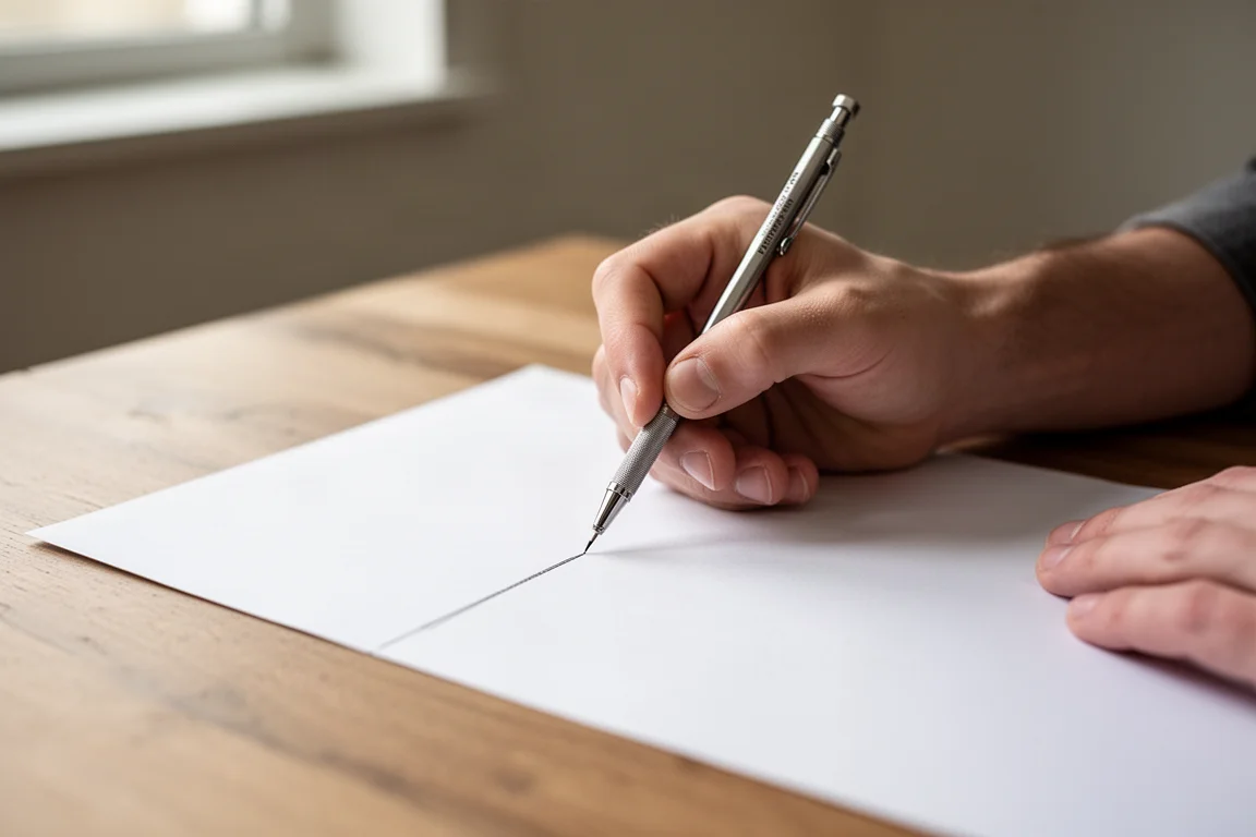 Una mano che scrive con una matita su carta bianca alla luce naturale