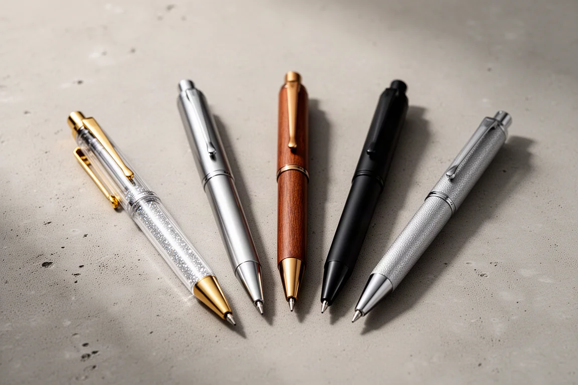Five mechanical pencil variants with different finishes arranged on a concrete surface