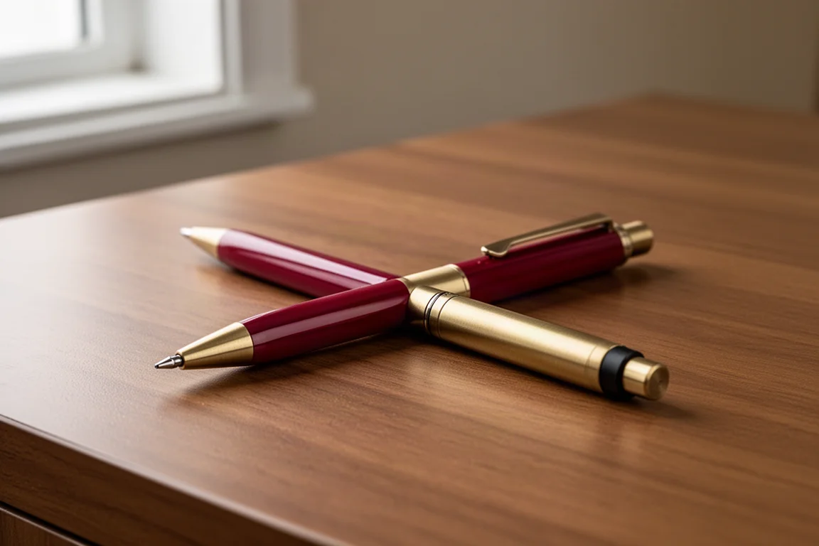 Pentel Smash 0.3mm mechanical pencil in glossy red with brass grip on a wooden desk