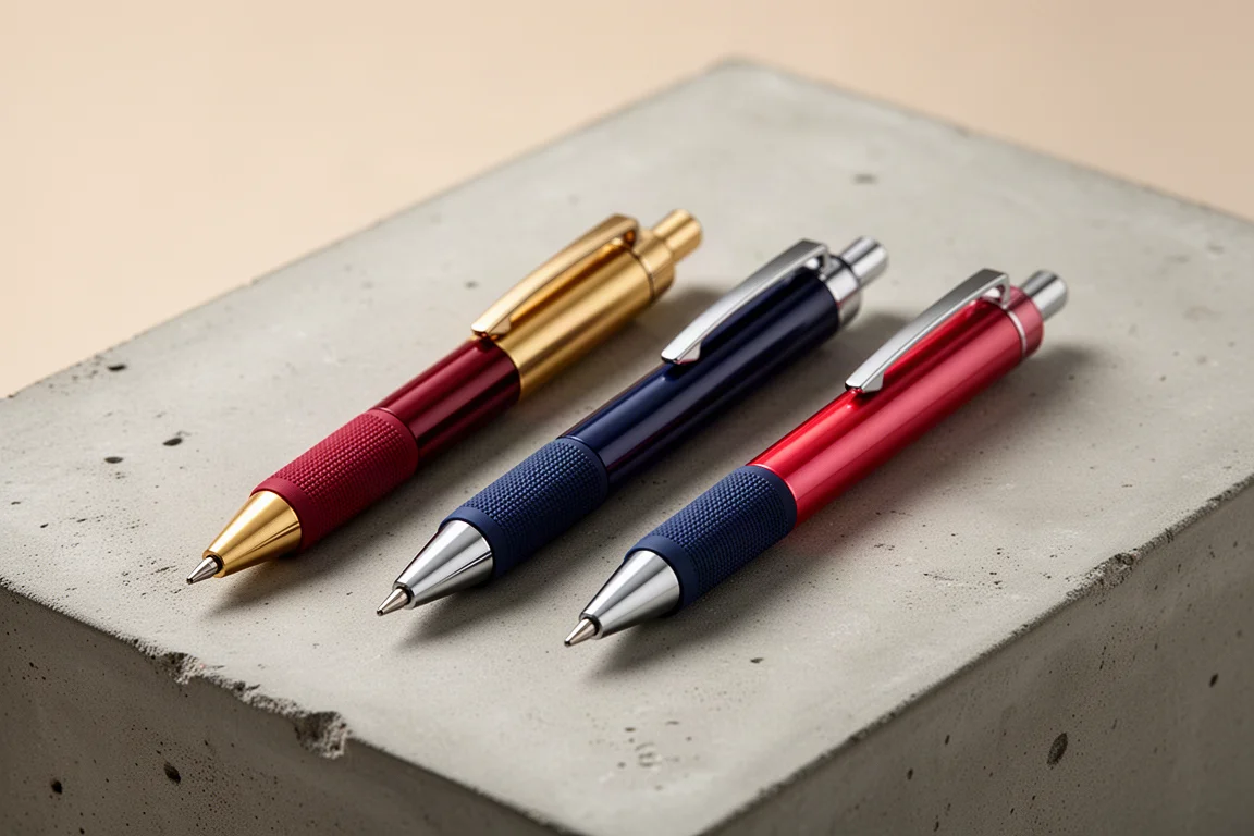 Three Pentel Smash Marvel collaboration mechanical pencils lined up on concrete