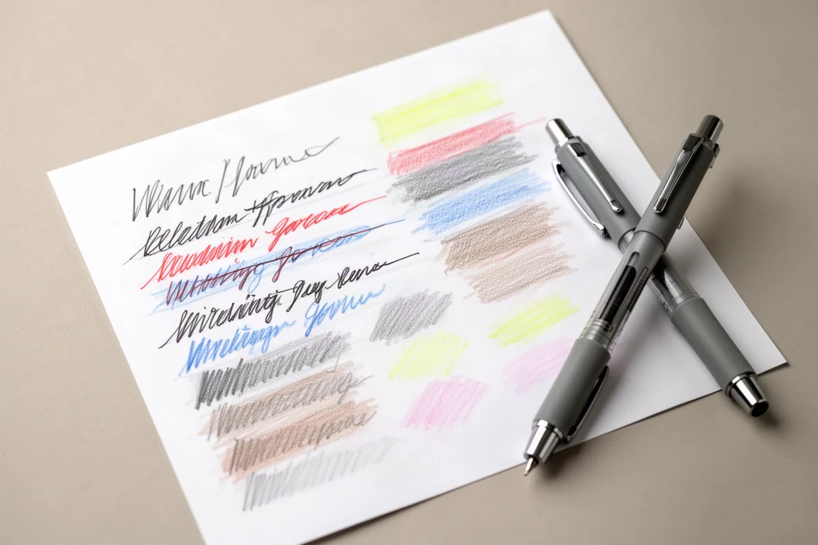 Página de prueba de escritura con trazos de colores sobre papel blanco