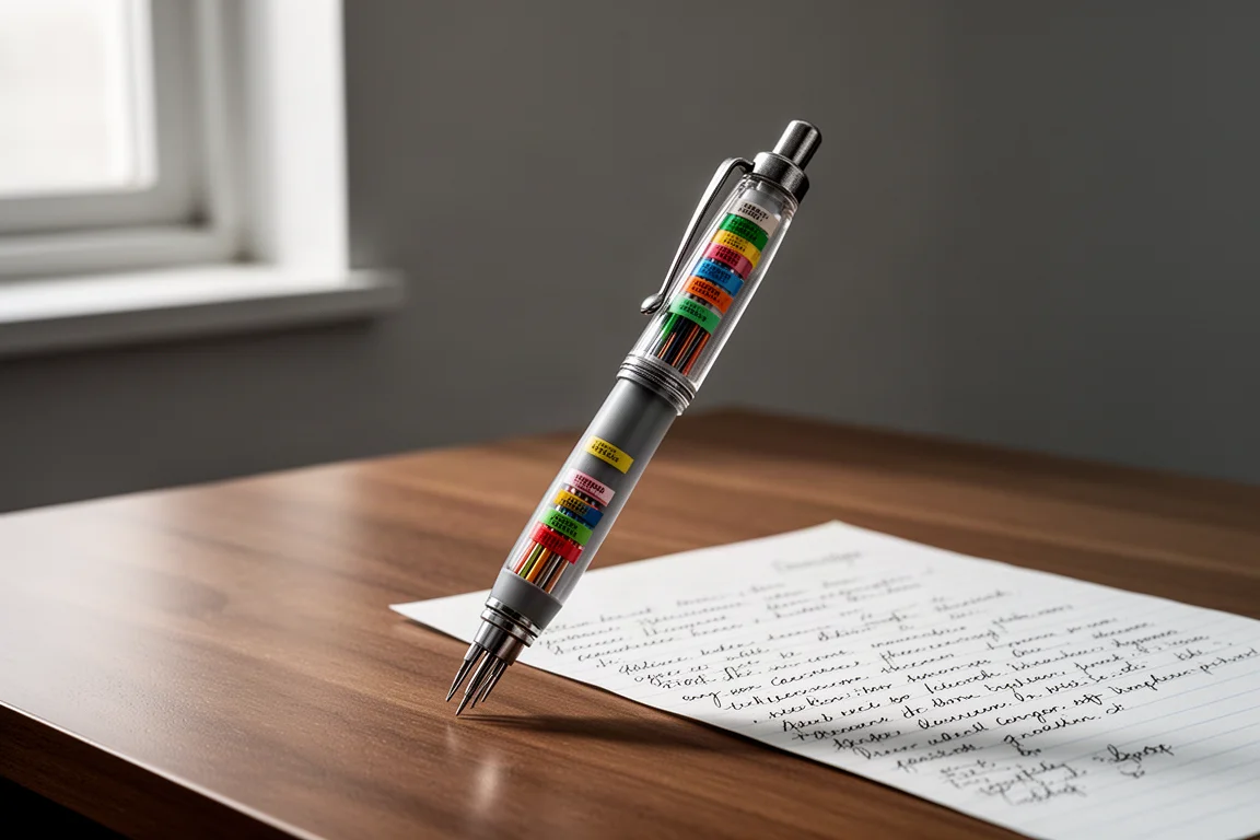 Penna multifunzione grigia Pentel Super Multi 8 su una scrivania di legno accanto a note scritte a mano