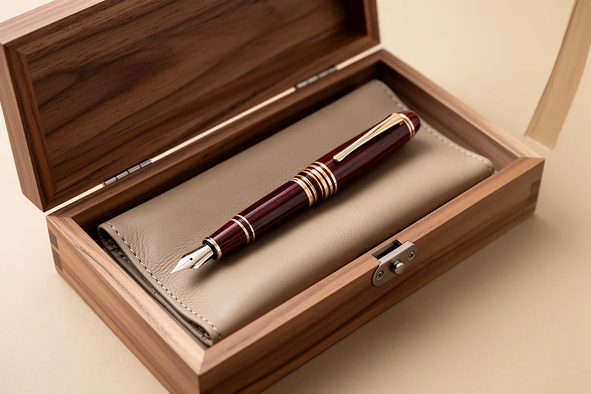 Vulpen met gestreepte urushi-afwerking, liggend in een leren etui in een houten doos