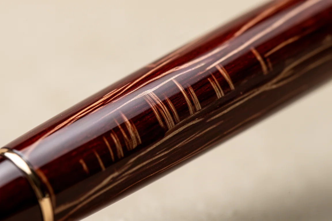 Close-up van een urushi-lakafwerking die doet denken aan de schors van een kersenboom