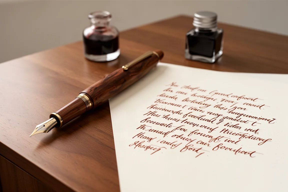 Vulpen op een bureau naast een handgeschreven schrijfproef in roodbruine inkt