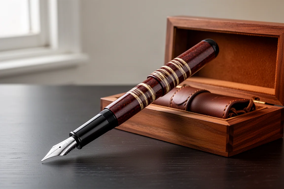 Handmade urushi fountain pen with striped cherry-bark finish beside its wooden presentation box