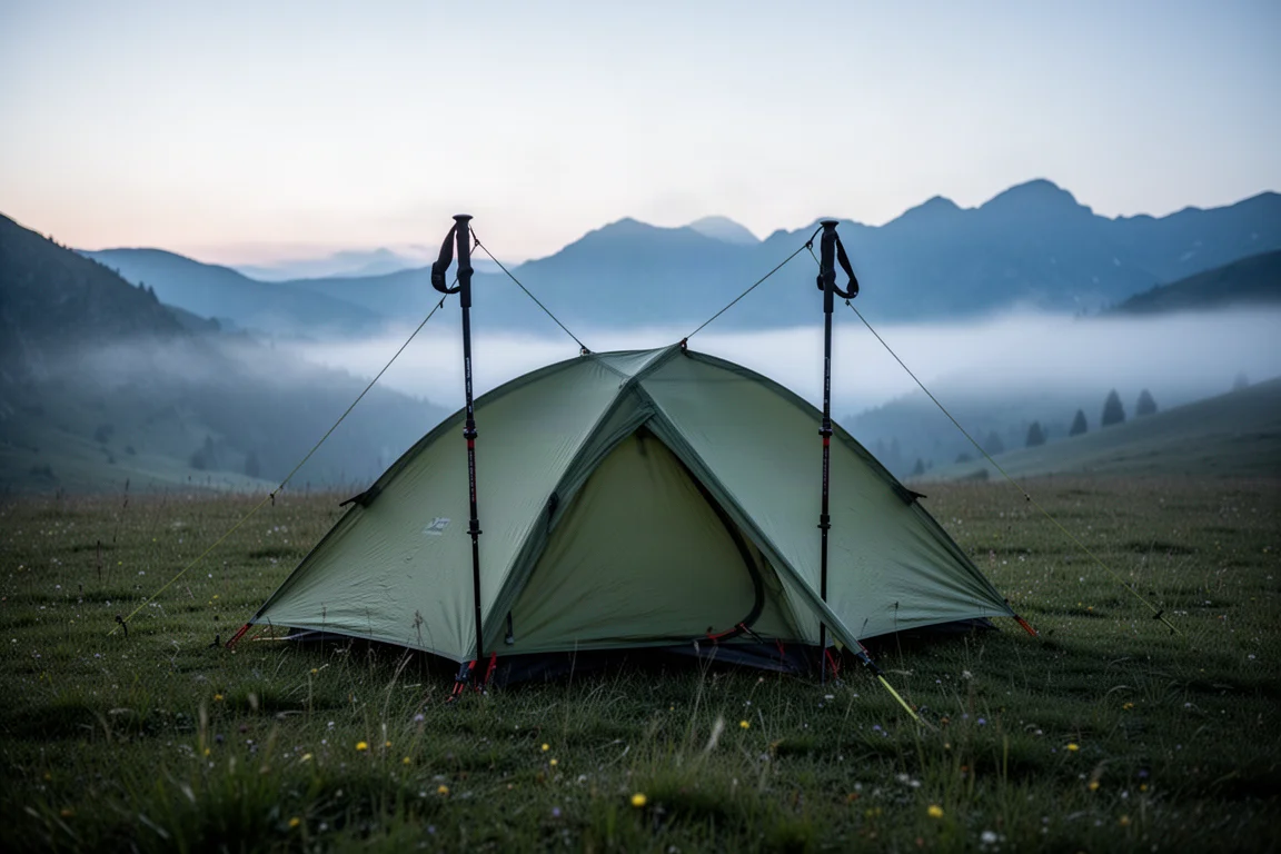 Abri pour bâtons de trekking monté dans une prairie alpine au crépuscule avec de la brume sur les collines