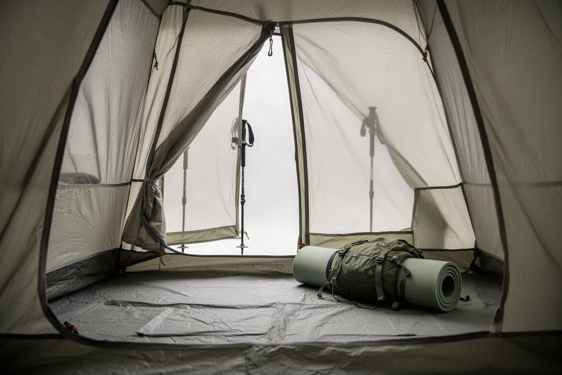 Vue intérieure à travers une porte de tente ouverte montrant des parois en mesh et un matelas de sol
