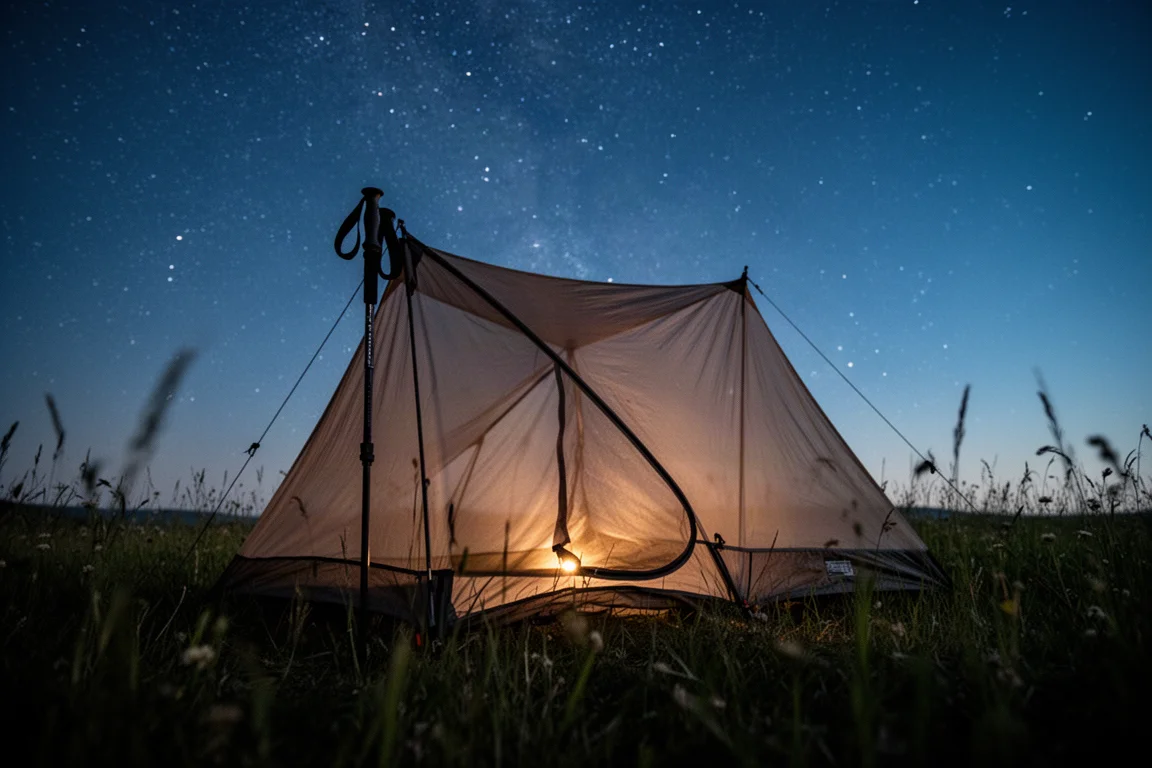 Abri pour bâtons de trekking sans double-toit sous un ciel étoilé par une nuit d'été claire
