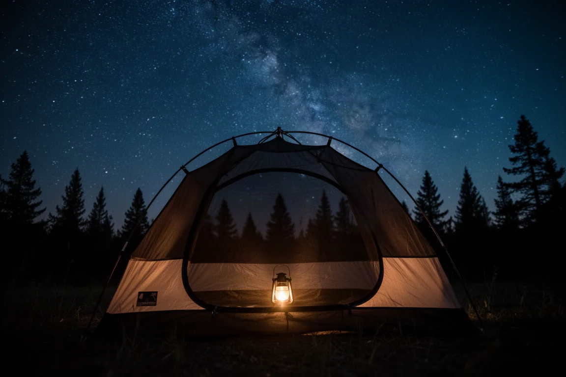 夏季背包旅行時,網狀內帳在滿天星斗的夜空下