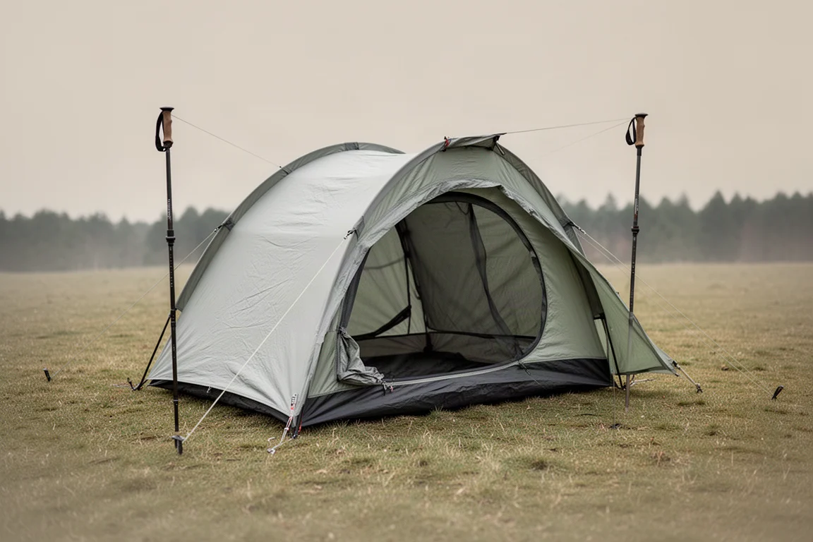 Double-wall trekking pole backpacking tent pitched on short grass with guy lines extended