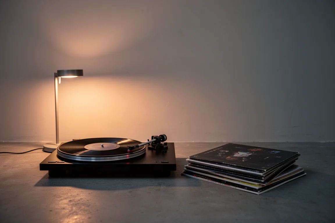 Coin d'écoute chaleureux au crépuscule avec une platine qui fait tourner un vinyle et une petite pile de disques sur un sol en béton