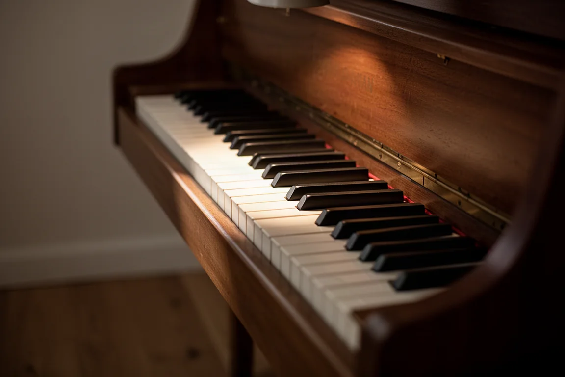 Détail rapproché d'un clavier de piano droit dans une pièce sombre, éclairé par la lumière chaude d'une lampe sur les touches