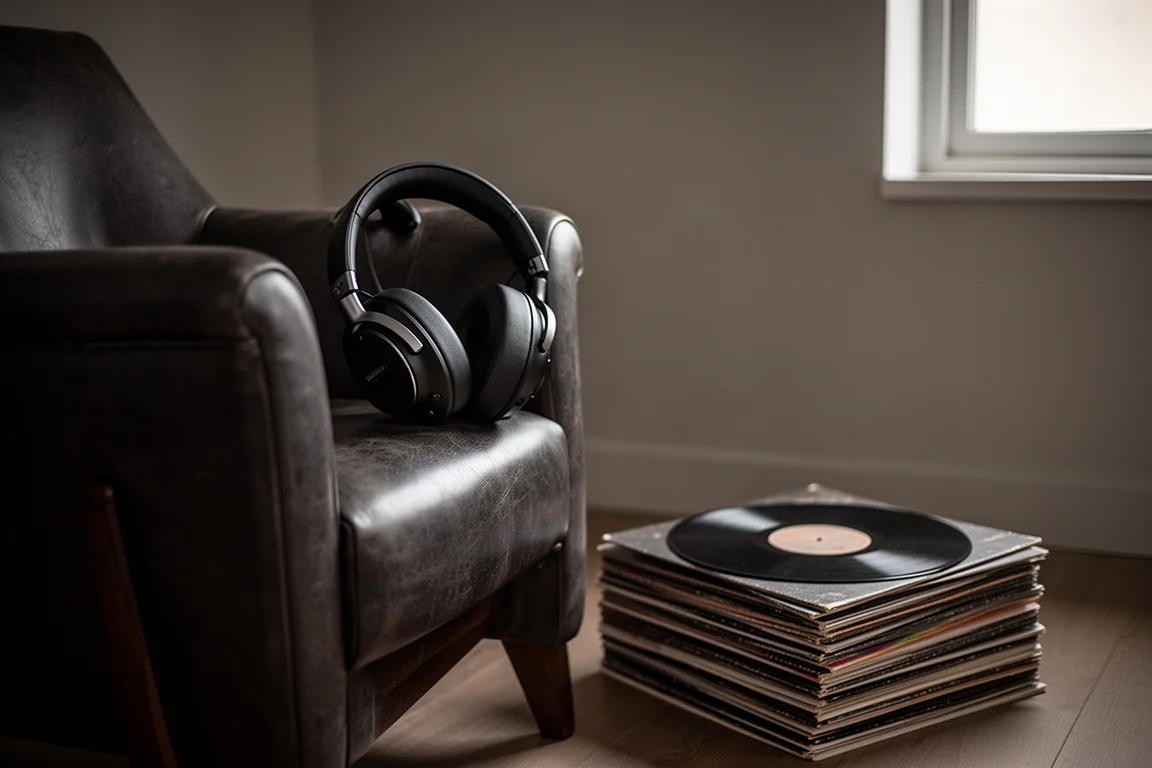 Casque circum-aural posé sur un fauteuil en cuir sombre à côté d'une pile de vinyles dans une pièce sombre