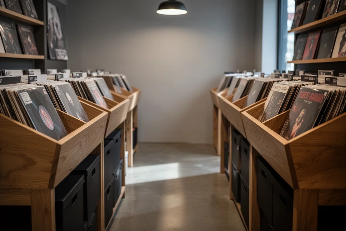 Allée tranquille d'un disquaire avec des bacs en bois de vinyles douze pouces sous une lumière chaude