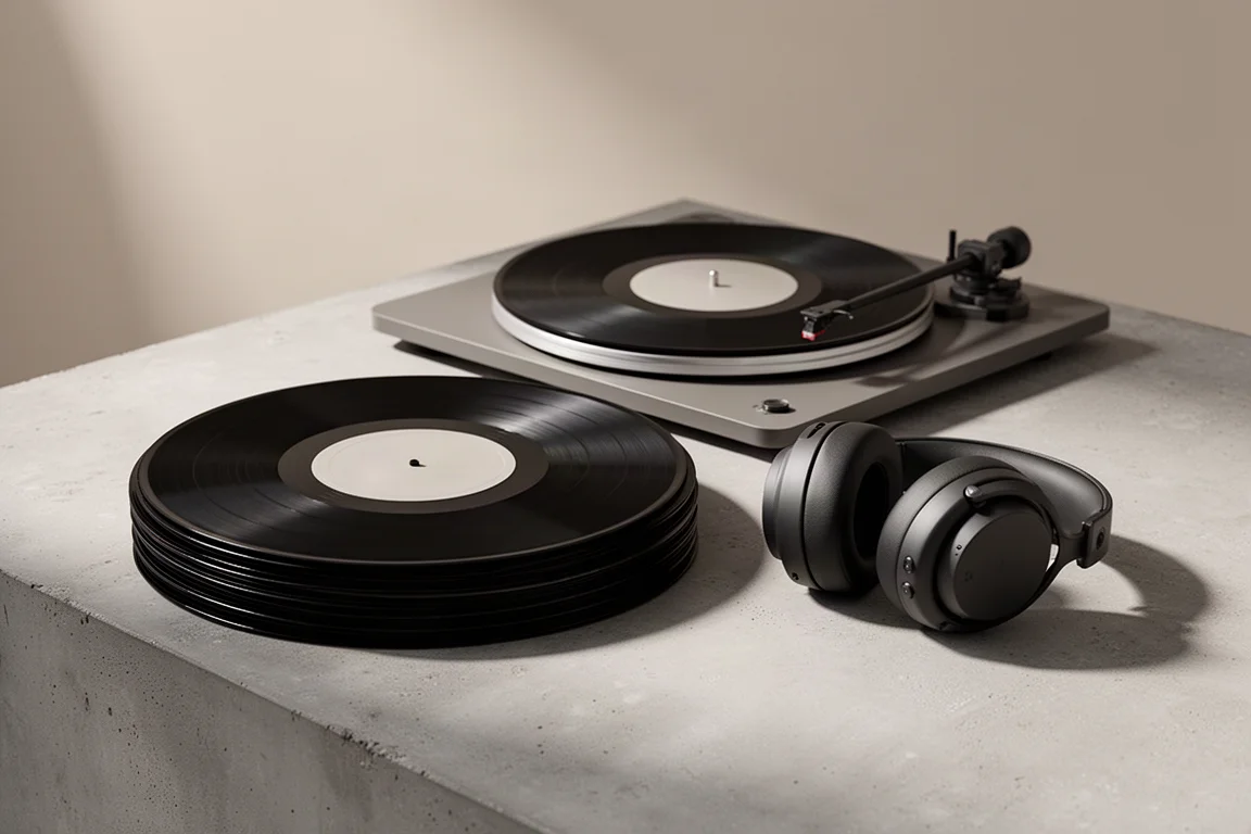 Stack of vinyl records, a turntable and over-ear headphones arranged on a concrete surface
