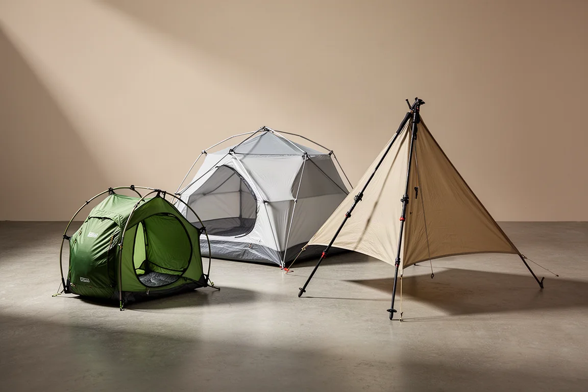 Collection of lightweight backpacking tents arranged on a concrete surface
