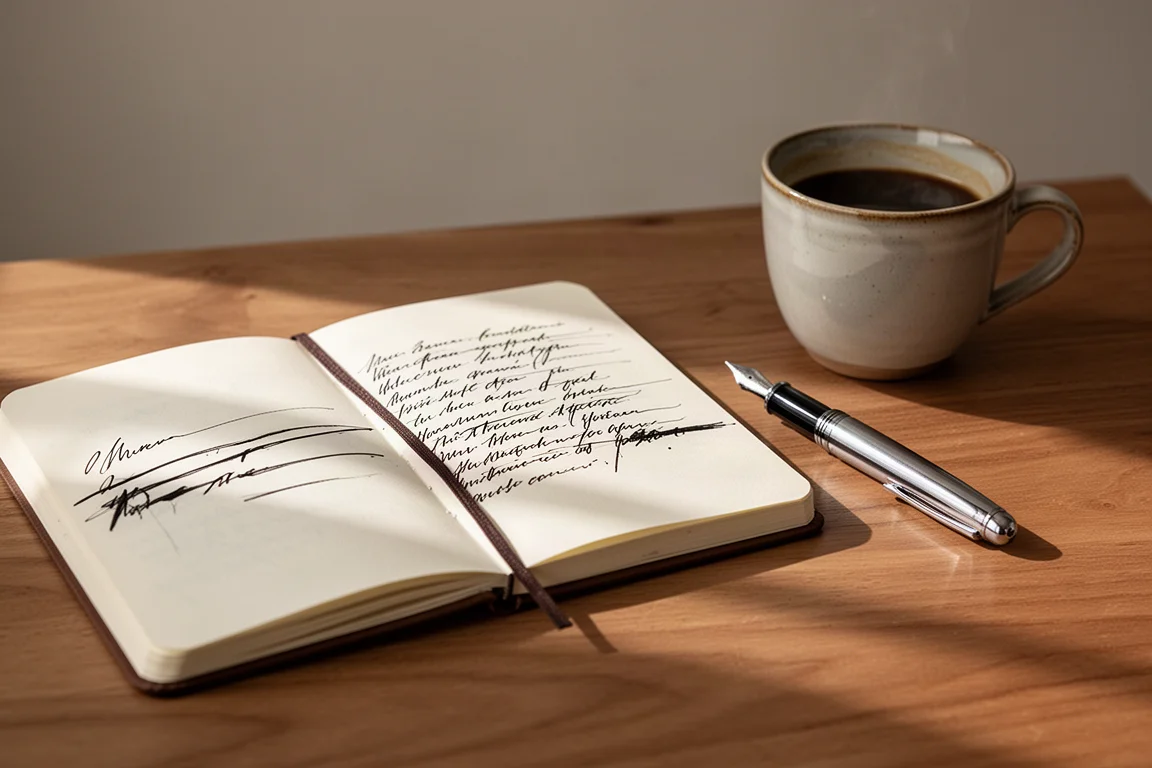 Füllfederhaler und Journal auf einem Holztisch neben einer Tasse Kaffee
