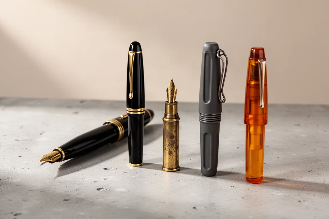 Five fountain pens including a black flagship, vintage celluloid, brass pocket pen, charcoal workhorse, and amber demonstrator arranged on concrete