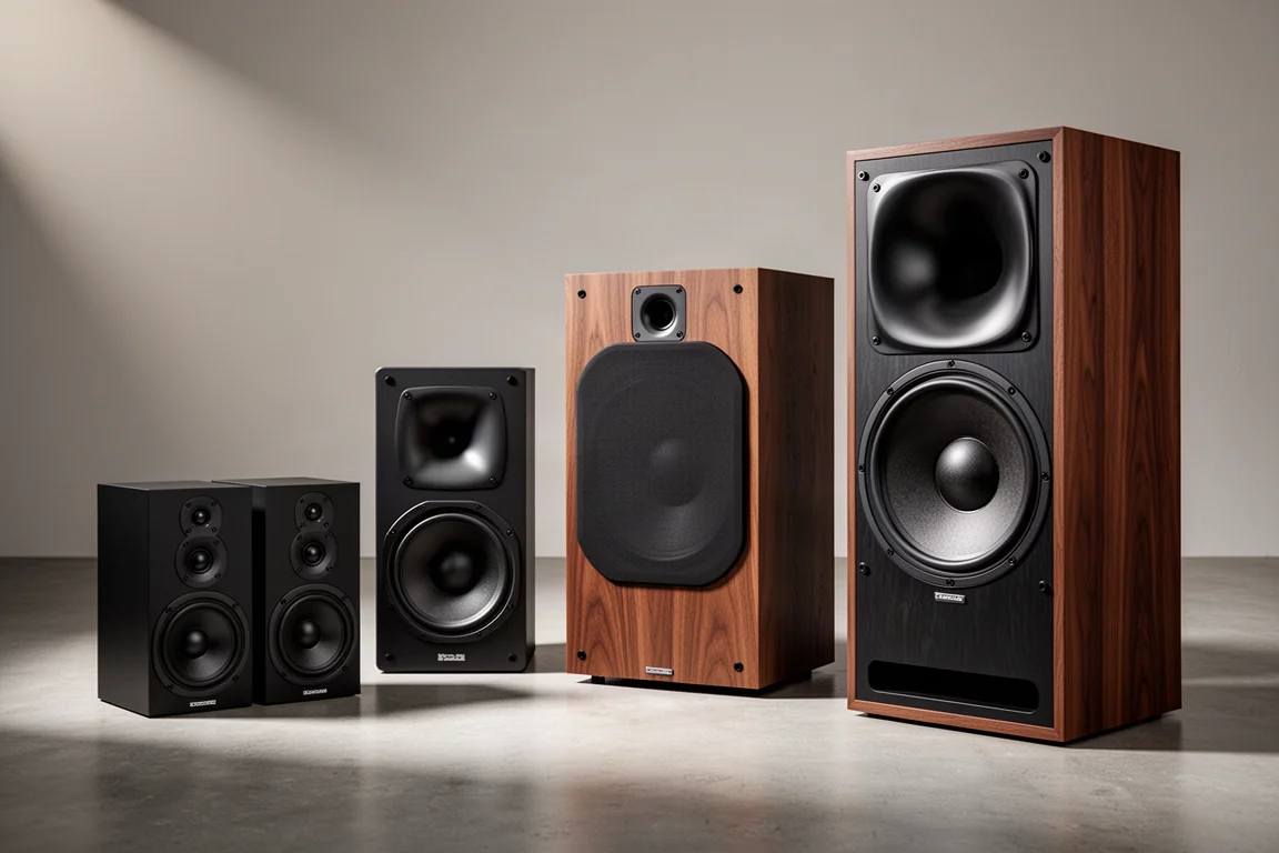 Five loudspeakers of different sizes arranged in a row on a concrete floor