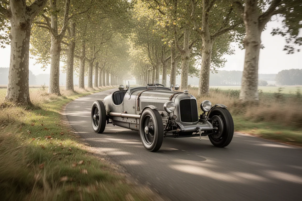 Roadster im klassischen Stil mit runden Außenspiegeln auf einer fließenden Landstraße