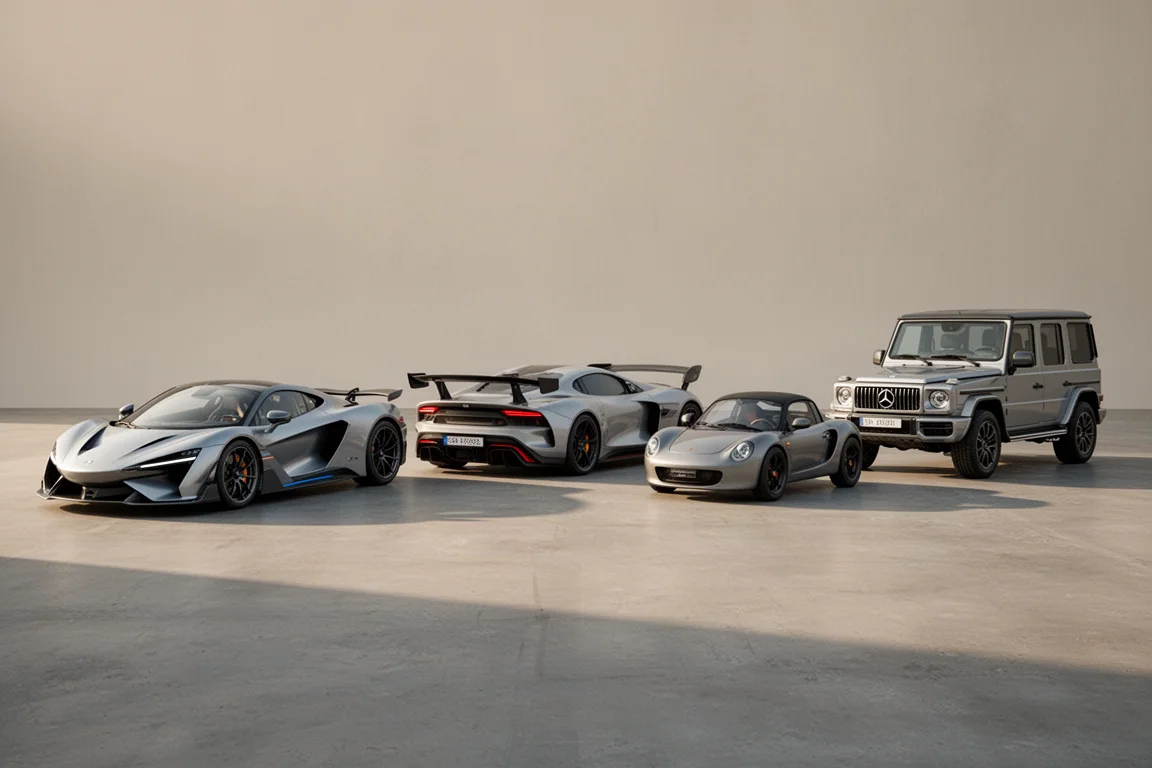 Lineup of modern performance cars on a concrete surface in morning light