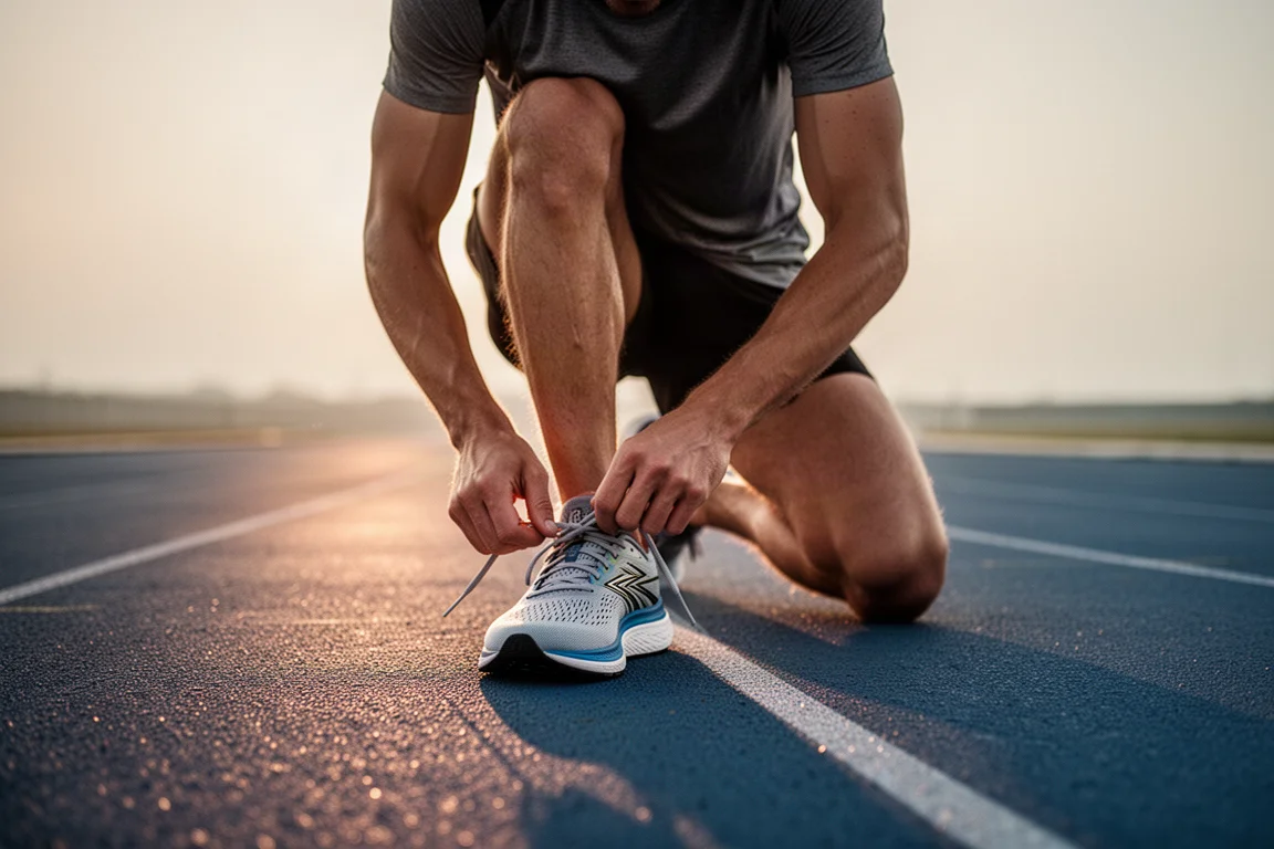 Runner lacing up a lightweight performance trainer on a track at dawn