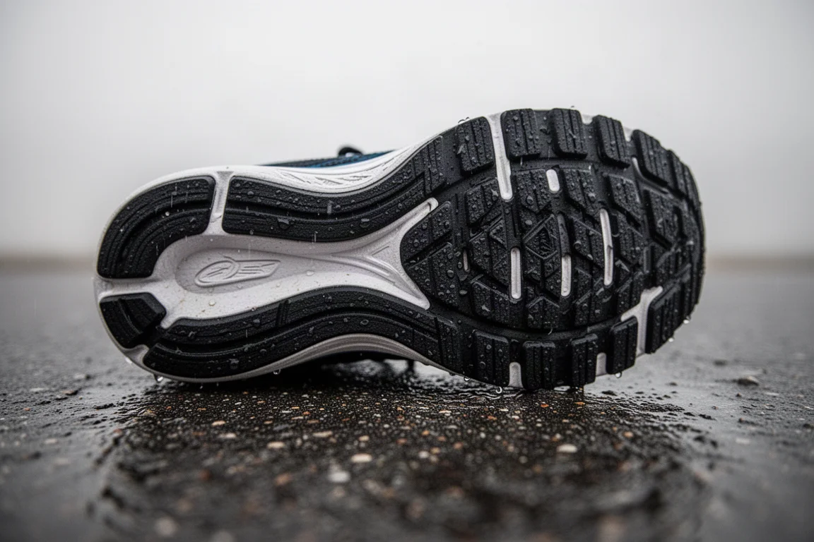Close-up of a running shoe outsole showing wear on wet pavement