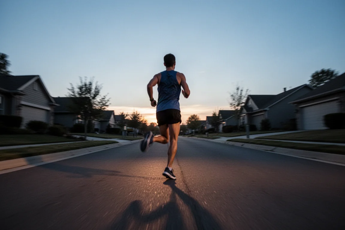 Runner striding through a tempo run on an open road at dusk