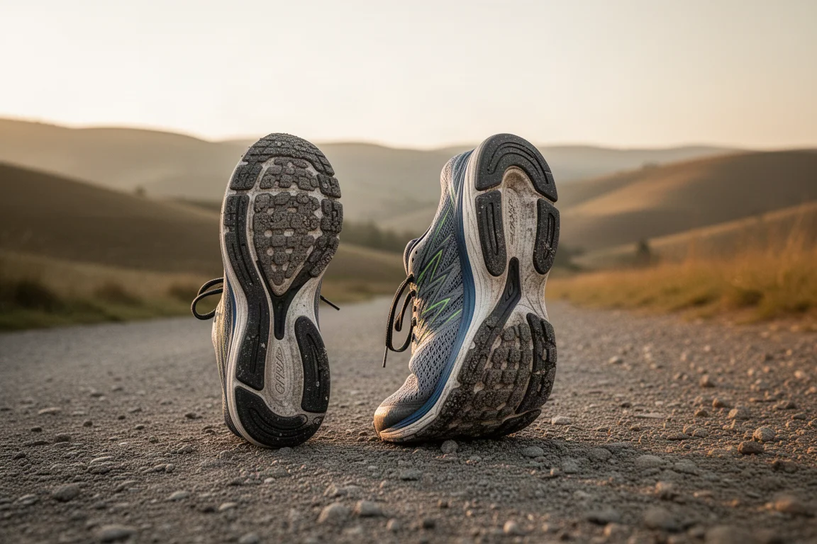 Trail edge with worn shoe standing on rough ground at golden hour