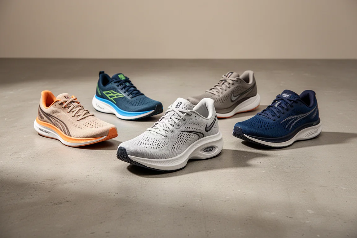 Five performance running shoes arranged on a concrete surface
