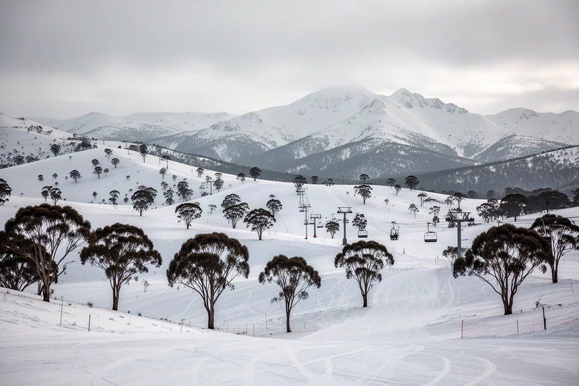 Pistes de ski alpin dégagées avec eucalyptus épars et remontées mécaniques sous une lumière douce