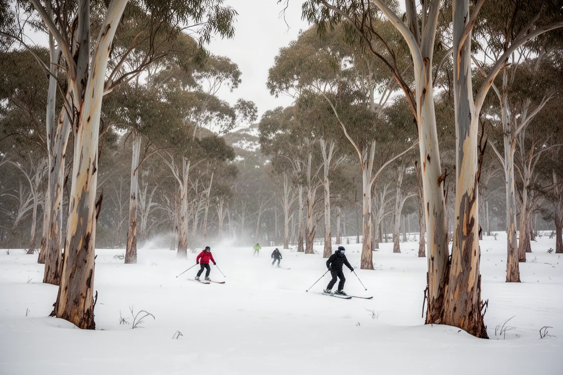 Skieurs descendant entre des clairières d'eucalyptus espacées sur la neige