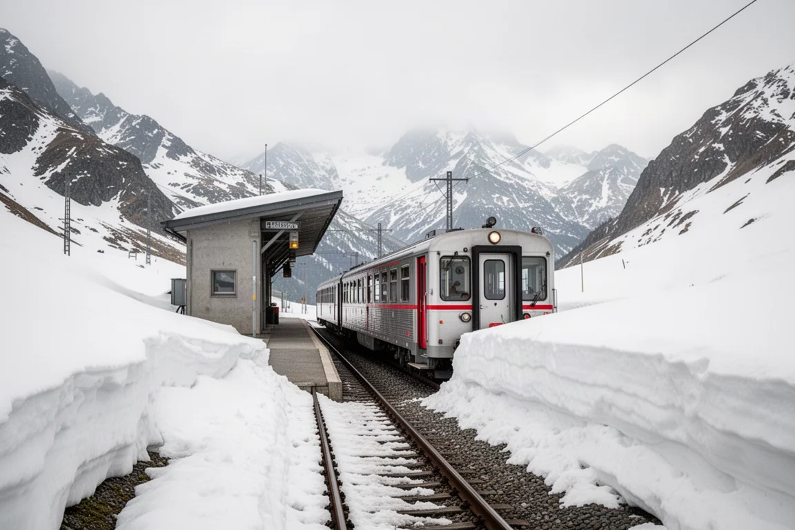 Un train de ski descendant à travers un paysage alpin enneigé