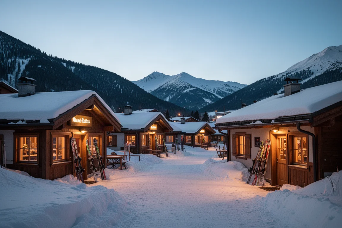 Skieurs dans un petit village alpin au crépuscule avec les lumières des lodges
