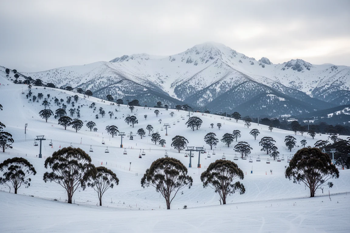 Wide alpine ski resort landscape with gum trees, lifts and snowy peaks
