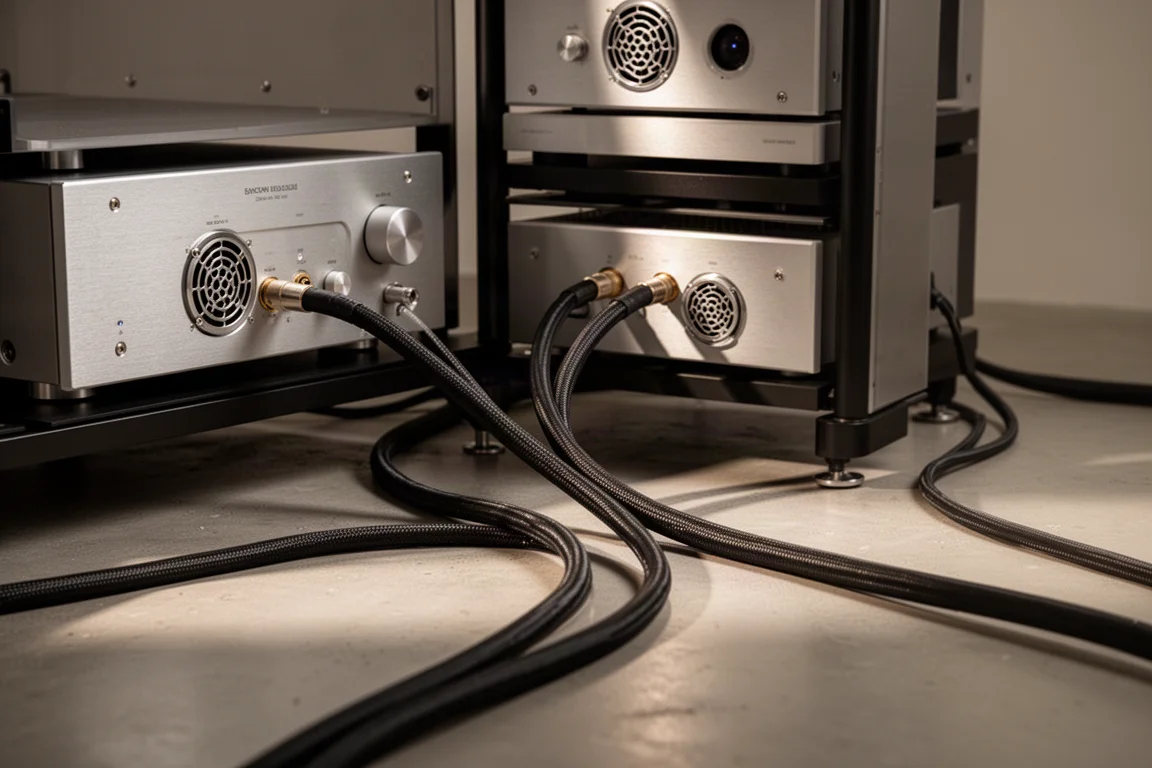 Equipmentrack met eindversterker en kabels in zacht studiolicht