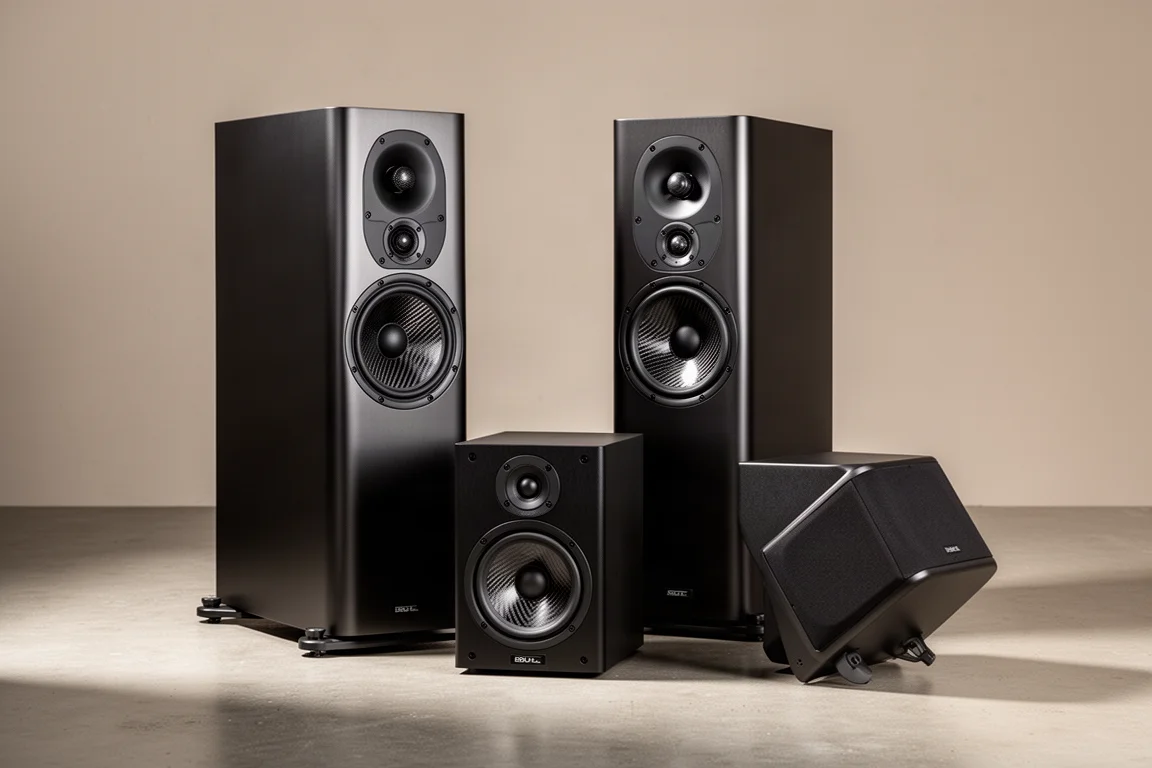 Perlisten A series towers, bookshelf speaker, and surround speaker grouped on a concrete floor