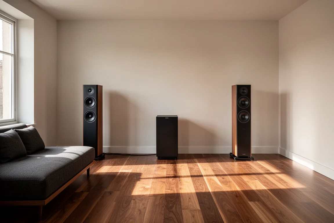 Salle d'écoute moderne avec un subwoofer haut et étroit à côté de grandes enceintes colonnes