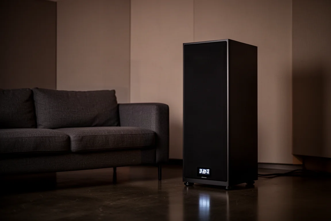 Pièce audio tamisée au crépuscule avec un petit écran lumineux sur un caisson de subwoofer haut