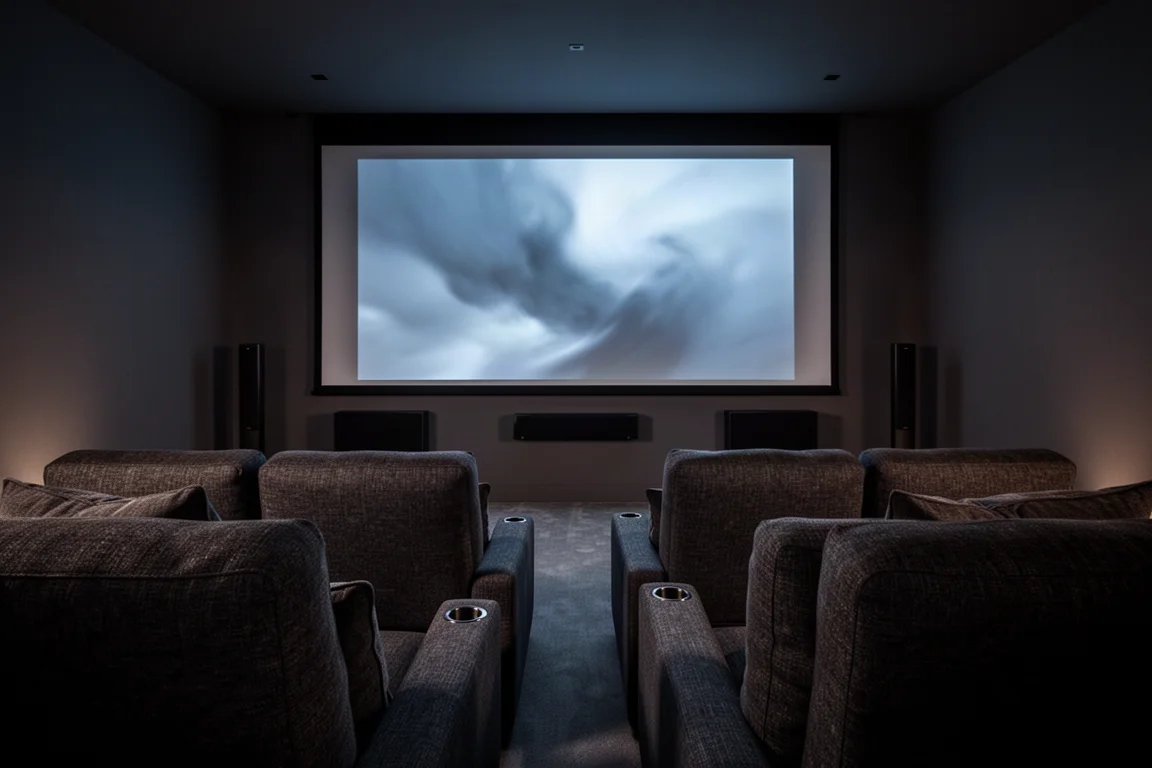 Salle de cinéma maison sombre avec sièges en tissu et lueur d'un écran de projection