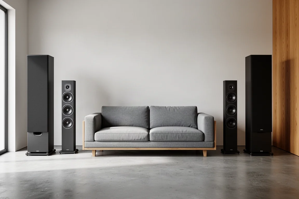 Salle multimédia avec deux subwoofers hauts placés dans les coins avant