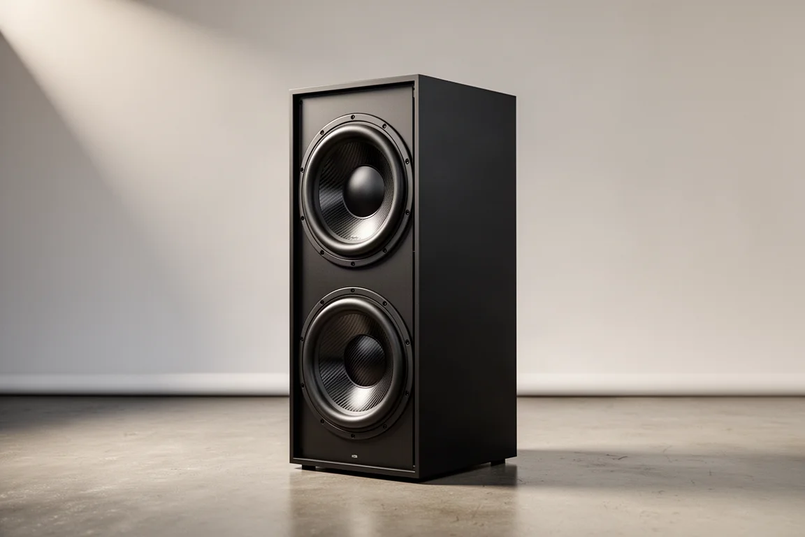 Tall narrow matte black reference subwoofer with two stacked carbon fiber drivers