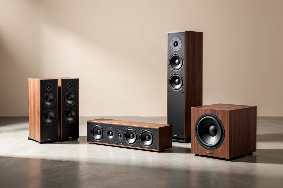 Four home audio speakers arranged on a concrete floor: monitor, center channel, tower, and subwoofer